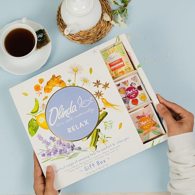 Olinda Relax Tea Sampler Herbal Gift Box 45 Count Assorted Wellness Tea Set 9 Calming Herbal Tea Bags Thoughtful Variety Pack for Stress Relief & Sleep Caffeine Free Birthday Gift for Women