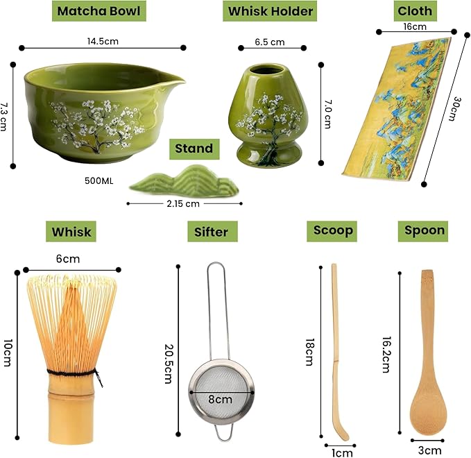 Matcha Whisk Set – 8-Piece Japanese Tea Ceremony Kit with Ceramic Bowl, Bamboo Chasen, Spoon Rest, Scoop, Sifter, Holder & Towel, Authentic Matcha Starter Set for Tea Lovers