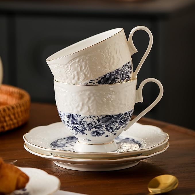 TATSUMI Interglio Embossed Bone China Tea Cup and Saucer Set, 3 Pieces Vintage Style Coffee Cup & Saucer Set For Women Wedding Gift (Starry Sky Rose, 1 set)