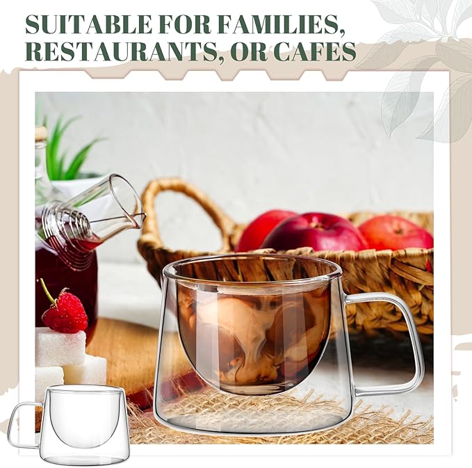 Rtteri 6.7 oz Double Wall Glass Coffee Mugs Set of 6 Espresso Mugs with Square Handle Glass Cappuccino Cups Tea Clear Coffee Insulated Cups Gift Set for Latte Tea Bag Beverage Cafe Kitchen