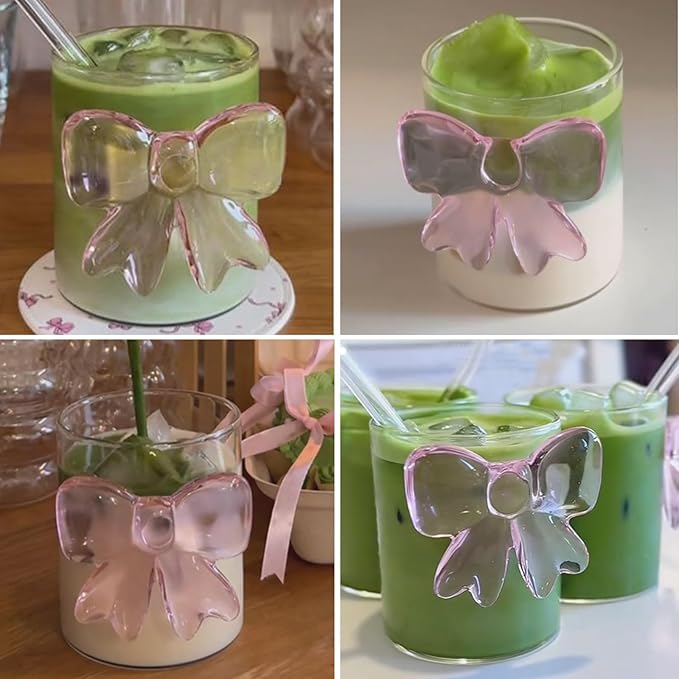Pink Matcha Set Whisk, matcha Bowl with Spout,Glass Bow Matcha Cup for Iced Coffee Matcha Latte,Sifter,Bamboo Whisk Holder,Scoop 6pcs Cute Matcha Kit Japanese Tea Set Ceremonial Gifts
