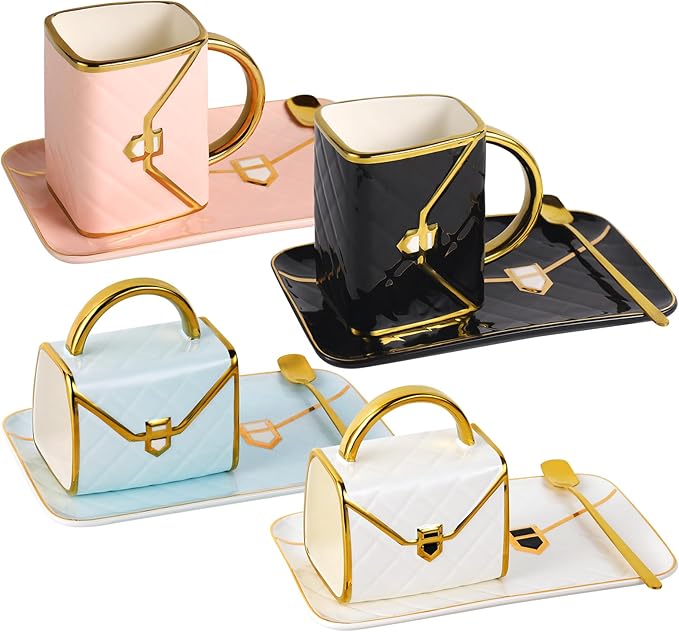 Handbag Coffee Mug Set of 4, Handbag Coffee Mug, Purse Coffee Ceramic Mug Set 10 Oz/ 310 ml Cute Creative Design Travel Tea Cup for Women Men Father's Day Thanksgiving Christmas Gifts