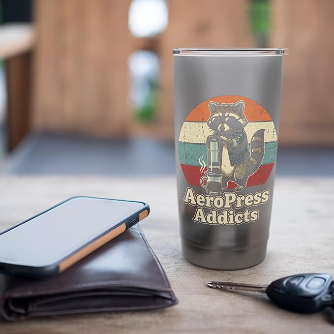 Retro Raccoon Coffee Lover Shirts AeroPress Addicts Stainless Steel Insulated Tumbler