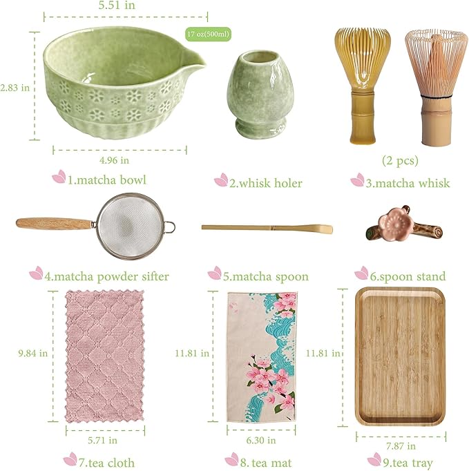 HAVIREST 10 pcs Matcha Whisk Set, Ceramic Bowl and Whisk Stand Spoon Holder Sifter Mat Towel, Japanese Ceremonial Grade Macha Tea Tool Kit, Gift for Women Match Starter Lover (Green)