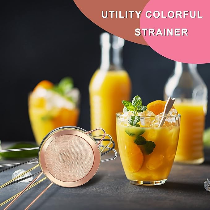 Fine Mesh Strainer Set of 2, E-far 3.3 Inches Stainless Steel Tea Strainer with Long Handle, Small Conical Mesh Strainers Sieve for Cocktail Coffee Food, Rust Proof & Easy to Clean(Rose Gold)
