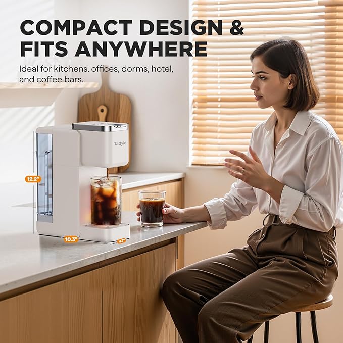 Single Serve Coffee Maker, Iced and Hot Coffee Machine for K Cup & Grounds, Compact Design, 40oz Removable Water Reservoir, 6 to 24 Oz Brew Sizes, Fits 7.3" Travel Mug, Beige