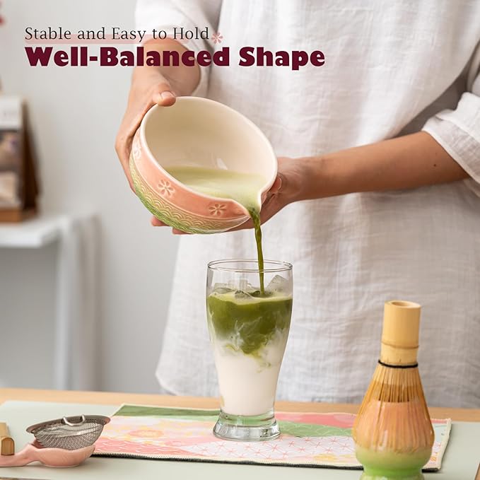 Matcha Tea Set, 8 Pcs Japanese Matcha Kit with Cherry Blossom and Wave Design Ceramic Bowl, Bamboo Whisk, Whisk Holder, Scoop, Sifter, Brush, Matcha Kit Set for Matcha Lovers (Pink-Green)