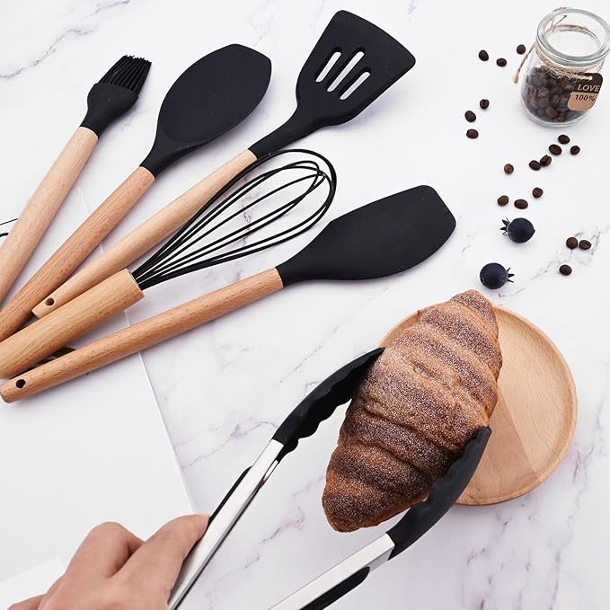 1pcs Black Silicone Balloon Whisk,Heat Resistant Non Scratch Coated Kitchen Whisk with Wooden Handle for Blending Whisking Beating Stirring Cooking Backing