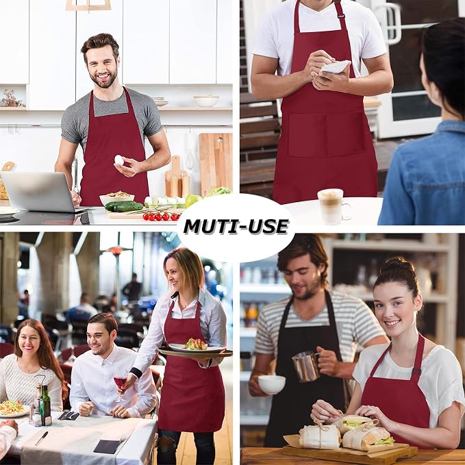 4 Packs Chef Apron, Waterproof Apron, Adjustable Aprons with 2 Pockets for Men Women, Professional Aprons for Kitchen Cooking Gardening Painting Baking Restaurant (Wine) - Image 7