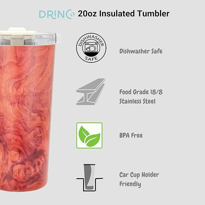 Drinco - 20 oz Stainless Steel Tumbler | Double Walled Vacuum Insulated Mug With Lid, 2 Straws, For Hot & Cold Drinks (20oz Walnut)