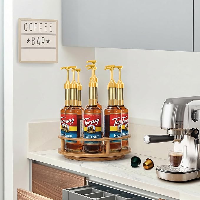 THYGIFTREE Rotating Coffee Syrup Organizer for Countertop, 9-Bottle Wooden Syrup Rack & Bottle Holder for Coffee Bar Station, Turntable Display Stand, Brown