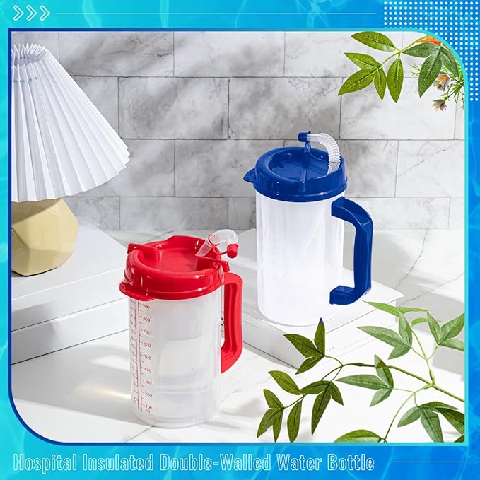 32 oz Hospital Water Cup with Straw and Lid Insulated Double Walled Water Cup with Handle and Straw Elderly Bottle Plastic Drinking Hospital Carafe Insulated Mug(Red and Blue,4)