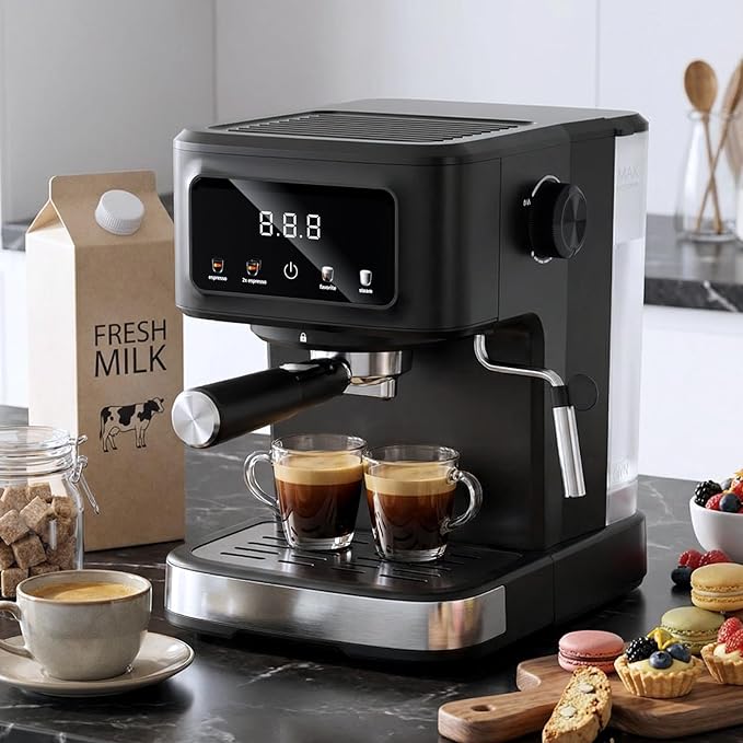 Espresso Machine with Milk Frother, Compact Coffee Maker for Home, Cappuccino & Latte, 15 Bar Pump, Dual Stainless Steel Filters, LED Touch Screen, Removable Water Tank & Drip Tray