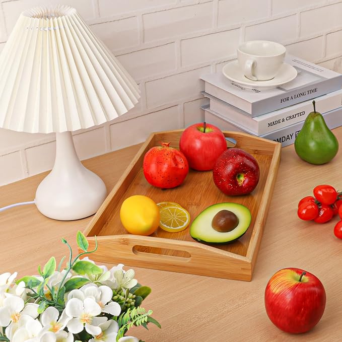 3 PCS Bamboo Serving Tray, Breakfast Bed Tray with Handle, 15 x 10 x 2 Inch Wood Serving Tray for Serving, Breakfast Bed Trays for Eating, Decor, Displaying Cake, Fruit