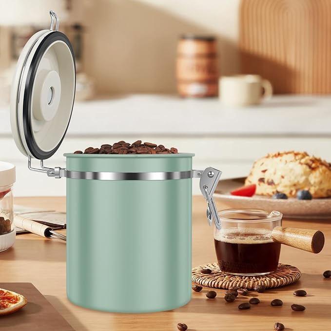 2PCS Coffee Storage Canister 1.5L 51OZ Double Airtight Coffee Beans Container with Date Locator 304 Stainless Steel Kitchen Food Storage Container with Spoon For Coffee Beans Grounds Tea Sugar