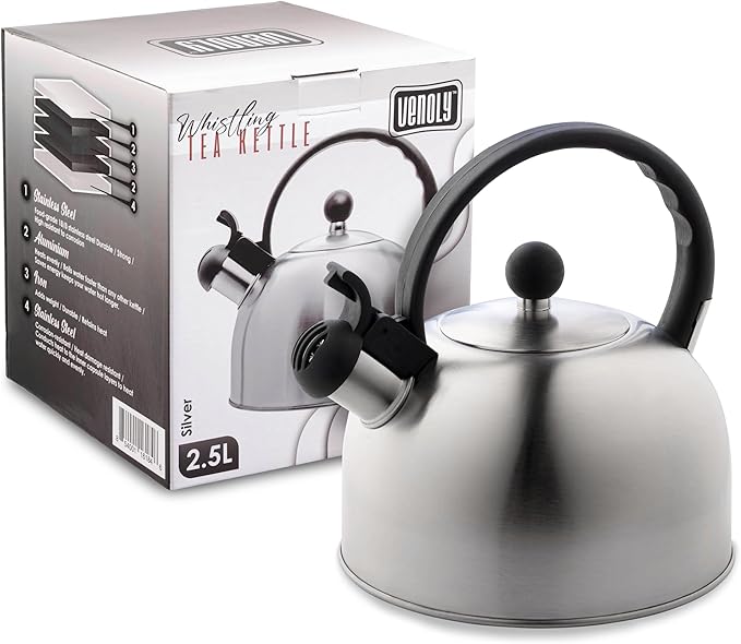 Venoly 2.5 Liter Whistling Tea Kettle - Modern Stainless Steel Whistling Tea Pot for Stovetop Hot Water Boiler with Cool Grip Ergonomic Handle (Silver, 2.5 Liter)