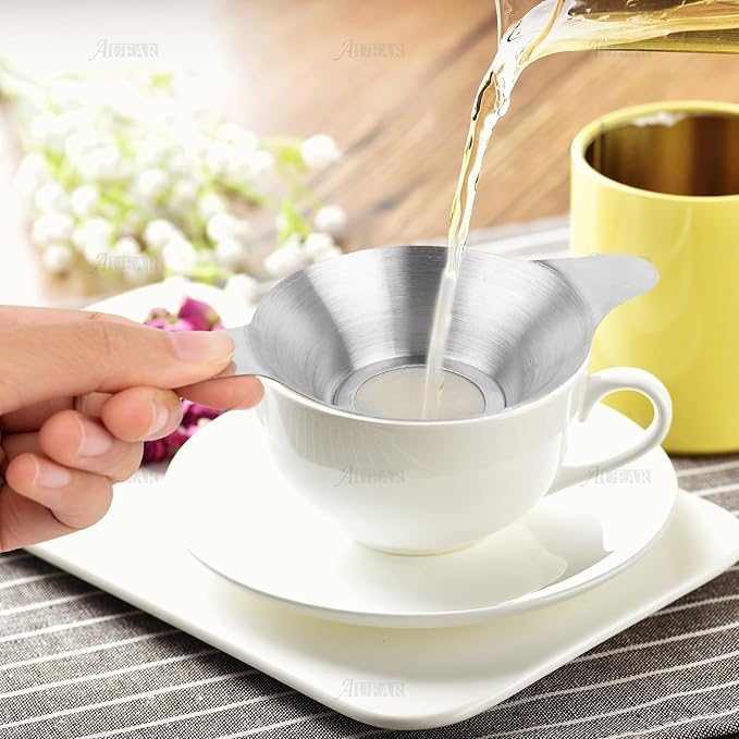 AUEAR, 4 Pack Stainless Steel Tea Strainer Fine Mesh Infuser Funnel Different Size Leaf Filter with Double Handles for Coffee Flour Sugar