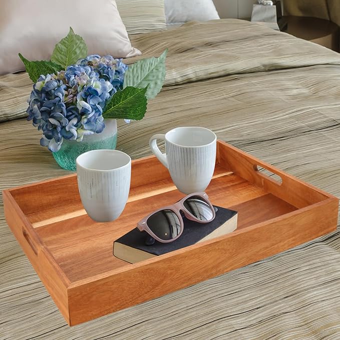 2 Pack 17 x 13 Inch Rectangular Acacia Wood Serving Tray with Handles,Decorative Rectangular Wooden Tray, Breakfast & Coffee Table Tray, Wooden Tray for Ottoman, Snack, Table, Couch and More