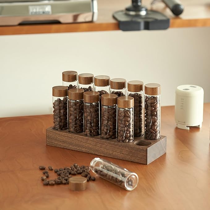 Coffee Bean Storage,Coffee Storage Container with Walnut Solid Wood Base,Coffee Bean Container,12 Tubes Single Dose with Wooden Holder(Type 2)