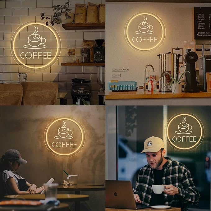 Dimmable Coffee Neon Sign - Vintage Cafe Wall Art, Warm White LED Light for Coffee Bar, Kitchen Decor, Events Backdrop, Perfect Barista Gift (USB Powered and Cup Shape Design)