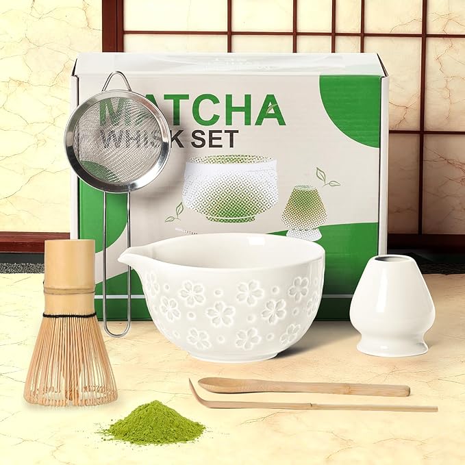Matcha Whisk Tea Set Kit: Japanese Matcha Kit - Ceramic Bowl Bamboo Whisk Chasen Holder spoon Measuring Scoop Sifter - Traditional Practical for Tea Ceremony Breakfast Lattes - Home Kitchen Christmas