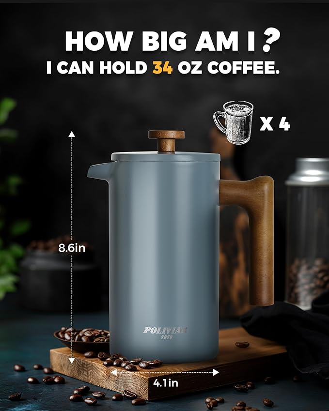 POLIVIAR French Press Coffee Maker, 34 oz Coffee Press with Real Wood Handle, Double Wall Insulation & Dual-Filter Screen, Food Grade Stainless Steel for Good Coffee and Tea (Alpline)