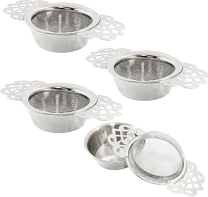 4 Pack Tea Strainers with Drip Bowls, Stainless Steel Tea Strainer Bowl Loose Leaf Tea Filter for 2.5-4 Inch Cup Mouth (Sliver)