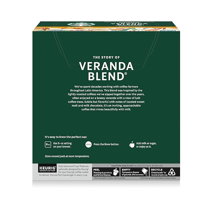 Starbucks K-Cup Coffee Pods, Starbucks Blonde Roast Hot or Iced Coffee, Veranda Blend, 32 Keurig Pods