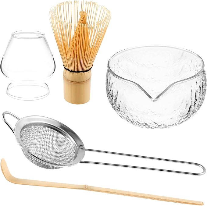 Matcha Whisk Set, 5 Pcs Matcha Set Whisk and Bowl with Spout, Matcha Whisk Holder, Matcha Spoon, Stainless Sifter, Perfect Matcha Kit for Matcha Lover (Glass Transparent)