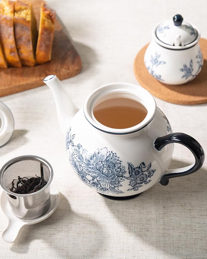 45 Ounce Tea Pot with Infuser, Ceramic Blue and White Teapot, Flowers and Branches
