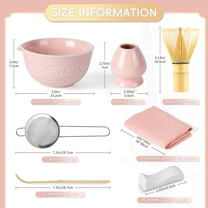 7-Pcs Pink Matcha Whisk Set, Japanese Ceremony Matcha Kit Includes Bowl With Spout, 100% Natural Bamboo Whisk and Holder, Scoop, Scoop Rest, Strainer and Tea Towel - Ideal Gift Christmas, Birthday