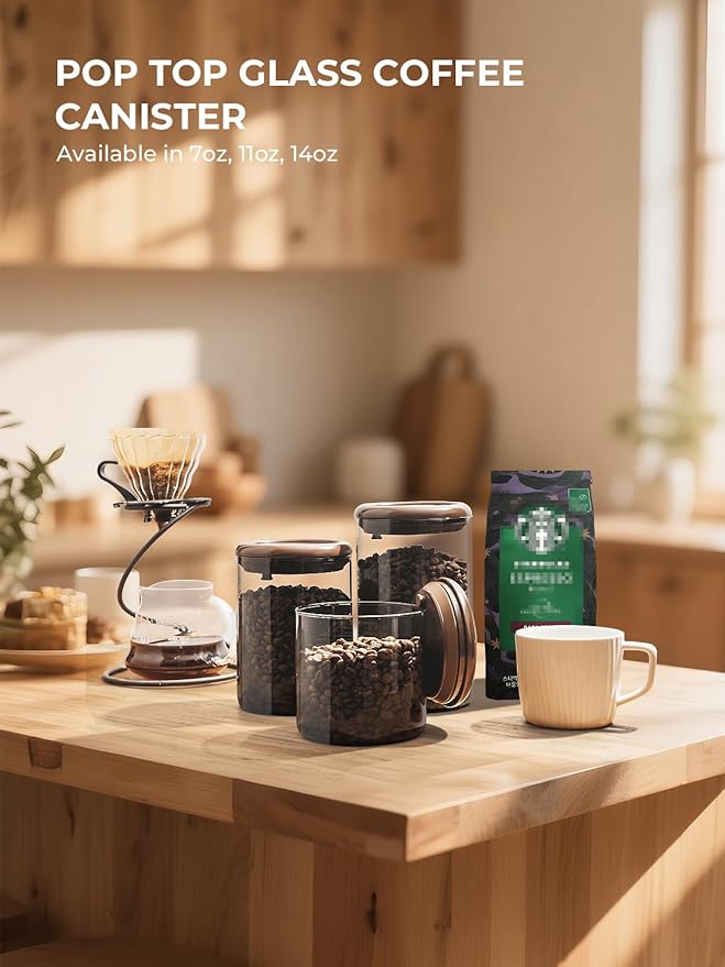 Airtight Coffee Bean Storage Canister β 7 oz Borosilicate Pantry Container with Pop Lid, UV-Blocking Glass & Non-Wood Easy-Clean Cap for Beans, Tea, Sugar, Spices, Snacks & More