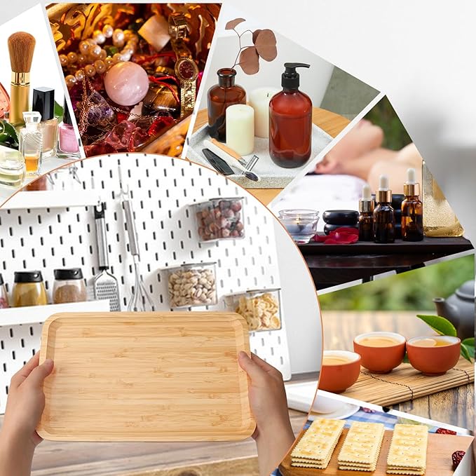 4 Pack 12 x 8 x 0.8 Inch Bamboo Serving Tray with Handles, Rectangular Wooden Breakfast Tray, Decorative Coffee Platter for Serving Food, Kitchen, Living Room, Picnic