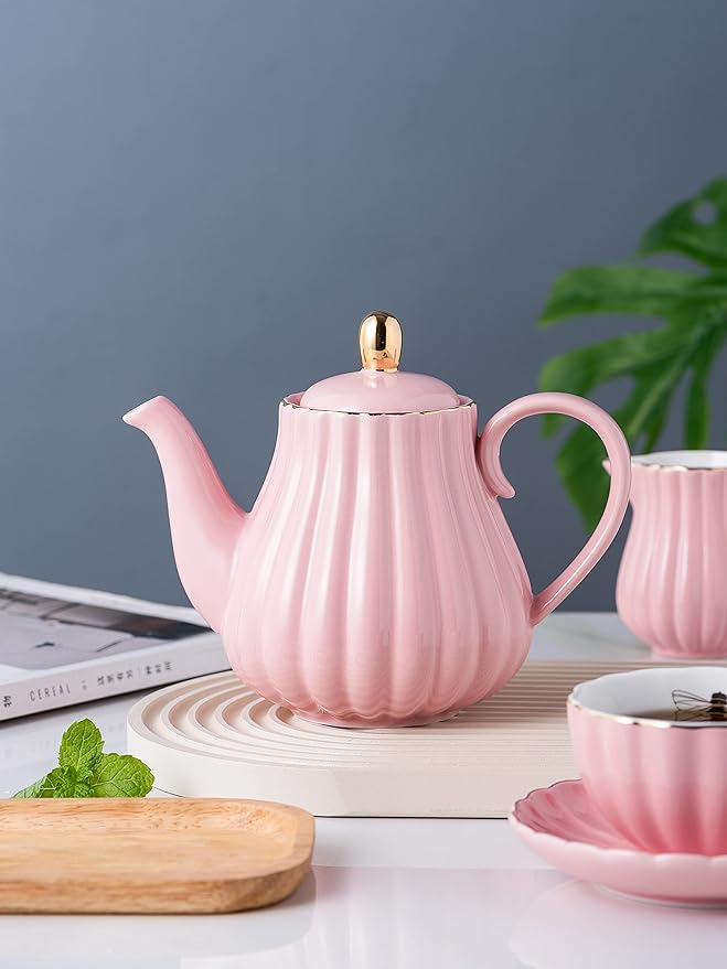 Jusalpha Service for 6- Fine China Pink Coffee Cup/Teacup Set, 8 OZ Cups& Saucer, with Teapot-Sugar Bowl-Cream Pitcher Teaspoons and tea strainer for Tea/Coffee- 24 PC (Pink, Serve of 6)