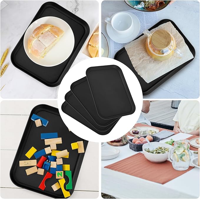 4 Pack Black Plastic Serving Trays for Party Serving Food - Rectangular, 8.66 by 12 in, Heavy Duty Dessert Trays for Food Erving Platters for Party Tray Decor Veggie,Snack