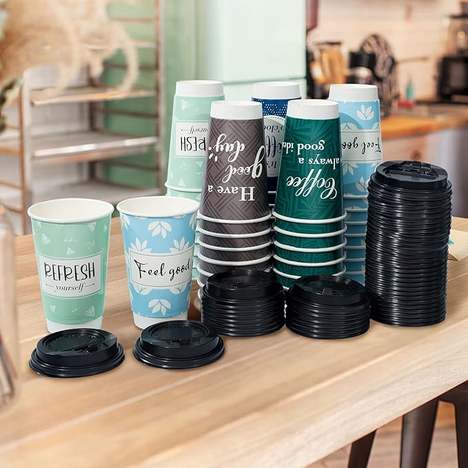 Disposable Coffee Cups with Lids 16 oz, 50 Pack Double-Walled Fun Designs, Insulated, Hot Beverage Paper Cups for Cold & Hot Drinks