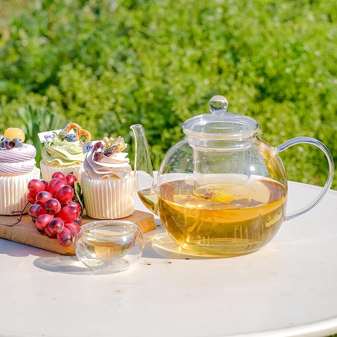 Glass Teapot Set with 4 Teacups, 1500 ml/50 oz Tea Pot with Infusers for Loose Tea and Flower Tea, Stovetop and Microwave Safe Borosilicate Glass Tea Kettle, Tea Gift Sets for Christmas