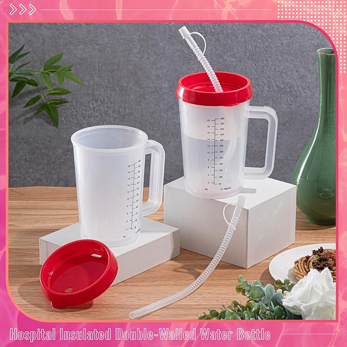 4 Pcs 20 oz Hospital Water Cup with Straw and Lid Insulated Double Walled Elderly Water Bottle Hospital Carafe Mug with Handle Graduated Plastic Drinking Sippy Cup for Adult(Red)