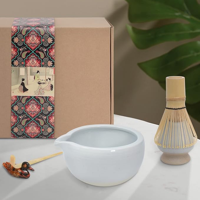Artcome 9Pcs Japanese Matcha Tea Set, Matcha Bowl with Pouring Spout, Matcha Whisk, Ceramic Whisk Holder, Tea Scoop, Matcha Powder Caddy, Traditional Handmade Matcha Ceremony Gift Box Kit