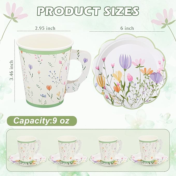 100 Sets Wildflower Floral Paper Tea Cups and Saucers Disposable Paper Tea Party Supplies 9 oz Cups with Handle and Saucer for Birthday Wedding Party Decorations