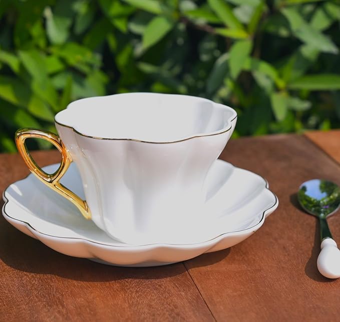 British Coffee Cup 3 Piece Set(6.8oz) Household Fashional Tea Cup with Saucer Spoon (white-B)