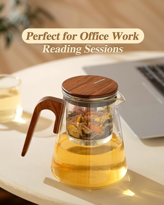 ZENS Magnetic Tea Pot, Enchanted Glass Teapot with Infuser and Magnetic Suction Lid for Mess-Free Loose Tea Diffusers, Walnut Wood Handle, Tea Lovers Gifts
