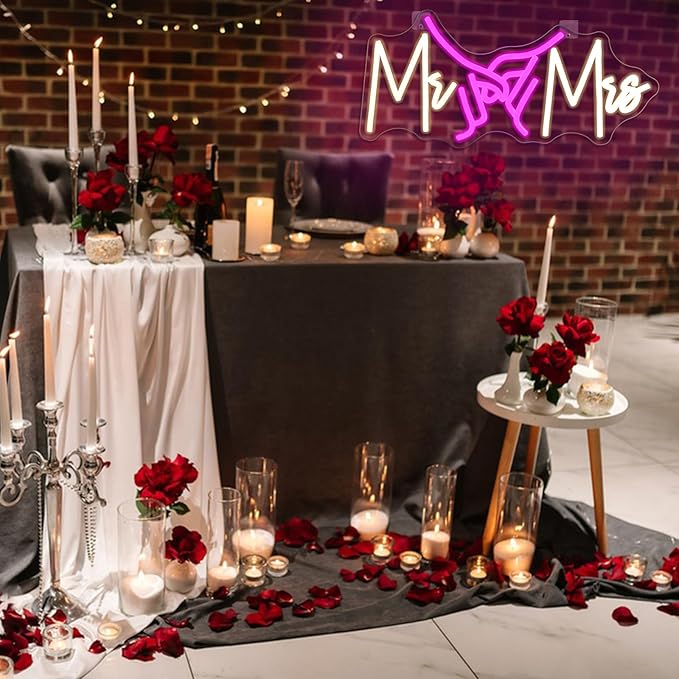 Mr and Mrs Neon Sign Dimmable for Wedding Decor Hand in Hand Neon Light Sign Mr & Miss Led Signs for Bridal Shower Anniversary Party Engagement Valentines Day Gift 16.5" x 7.8"