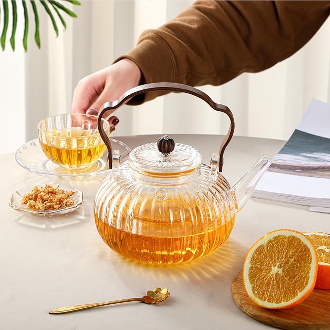 40OZ/1200ML Glass Pumpkin Teapot with Removable Infuser & Lid, Stovetop & Microwave Safe Clear Borosilicate Glass Tea Maker Water Kettle for Loose Leaf Blooming Tea