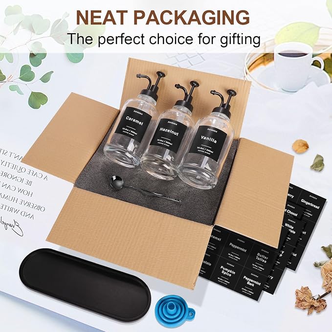 Coffee Syrup Dispenser for Coffee Bar, 16.9oz 500ml Glass Syrup Dispenser w Black Coffee Scoop, Coffee Syrup Pump Dispenser w 36 Labels and Bamboo Tray, Coffee Syrup Bottles with Black Pump, 3PCS - Image 7
