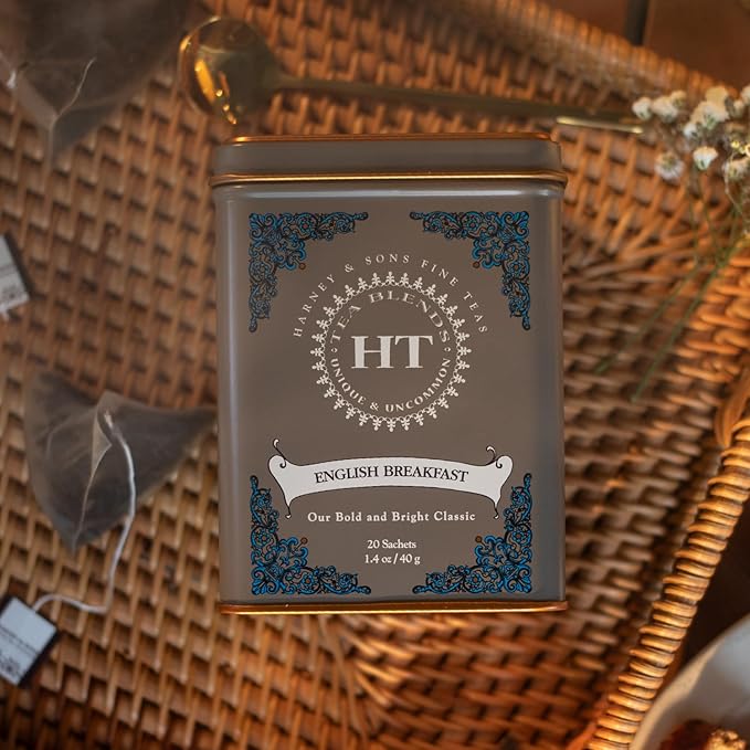 Harney & Sons English Breakfast Tea, Caffeinated, 20ct sachet tin, HT Tea Blends (Pack of 2)