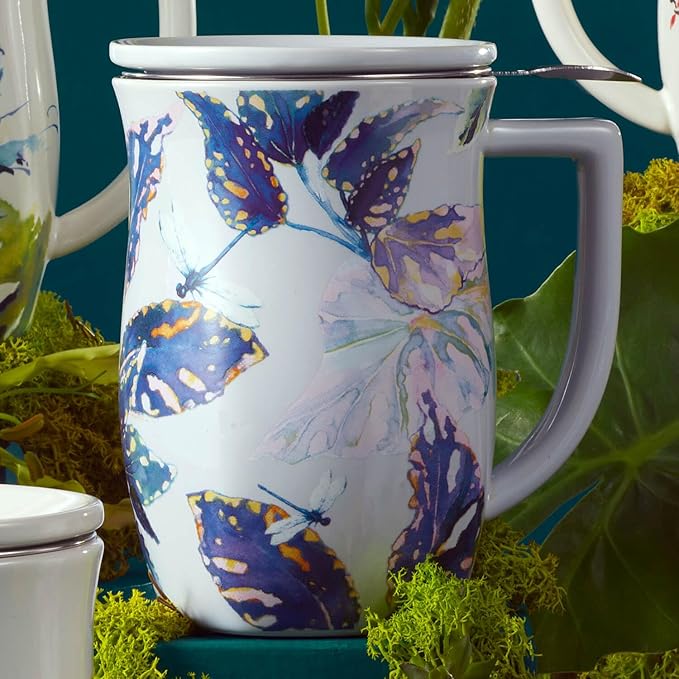Tea Forte Ceramic Fiore Cup with Handle, Easter Basket Ideas, Removeable Stainless Steel Infuser Basket and Lid, Steeps 14 oz Loose Leaf Tea, Dishwasher & Microwave Safe, Demoiselle