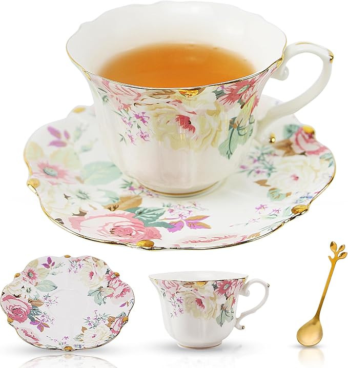 Country Roses Porcelain Tea Cup and Saucer Set with Gold Trim, Vintage Style, For Women and Tea Parties (1, Pink)