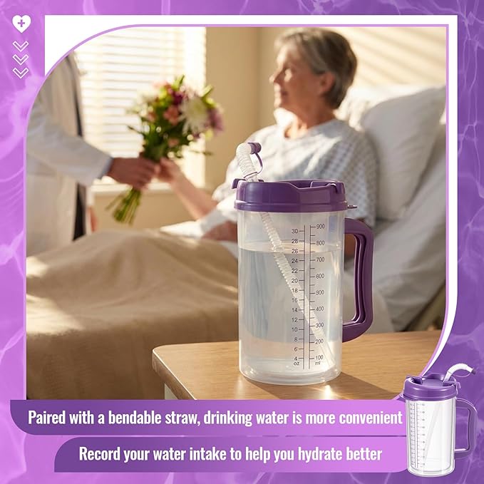 4 Pcs 32 oz Hospital Water Cup with Straw and Lid Insulated Double Walled Water Cup with Handle and Straw Elderly Bottle Plastic Drinking Carafe Insulated Mug (Purple)