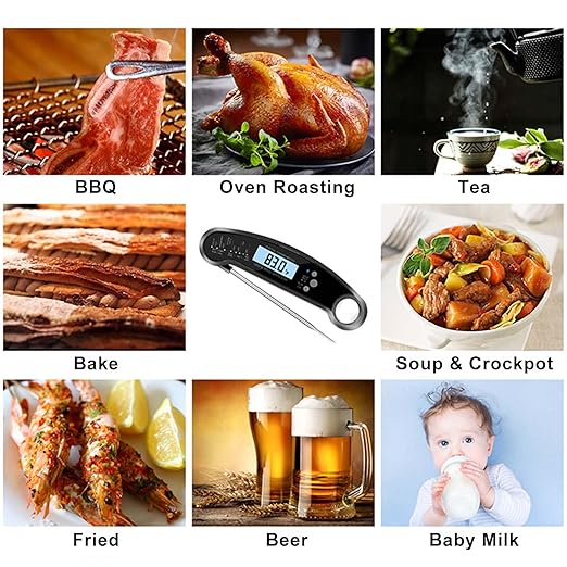 Digital Instant Read Food Thermometer with Backlight, LCD Display, Calibration Function, Built-in Bottle Opener for Grilling, BBQ, Turkey, Candy, Liquid Temperature Measurement, Black